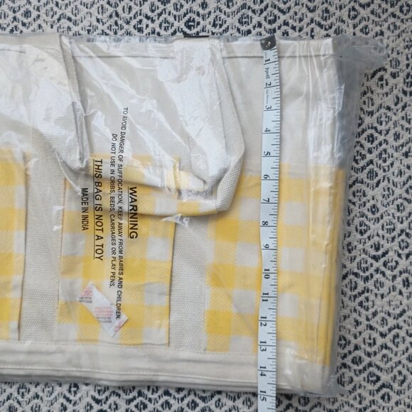 NWT ShoreBags Large Multi Pocket Canvas Yellow Gingham Tote Gardening Beach QVC - Picture 3 of 5